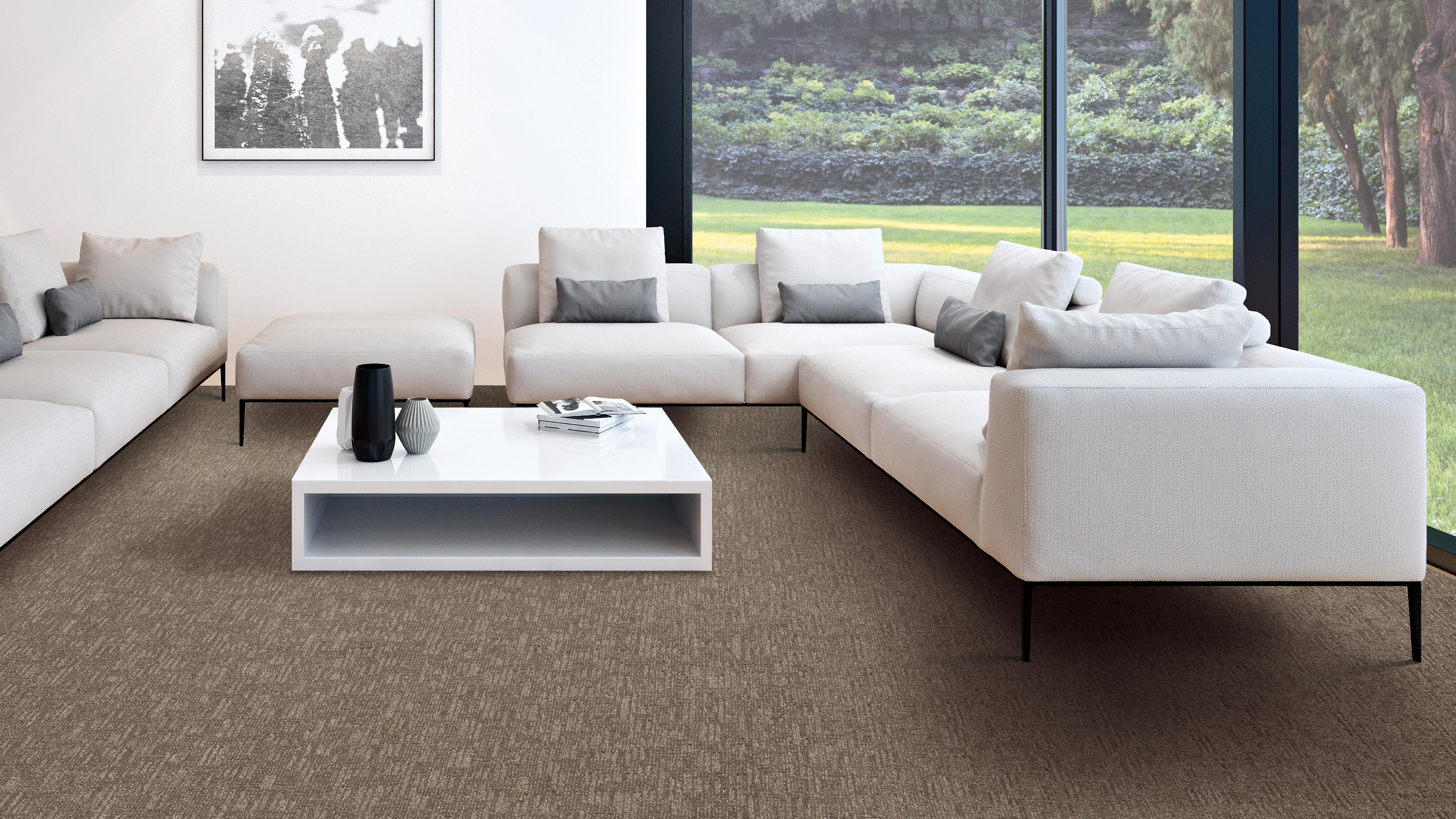 White sectional couch in a carpeted living room 